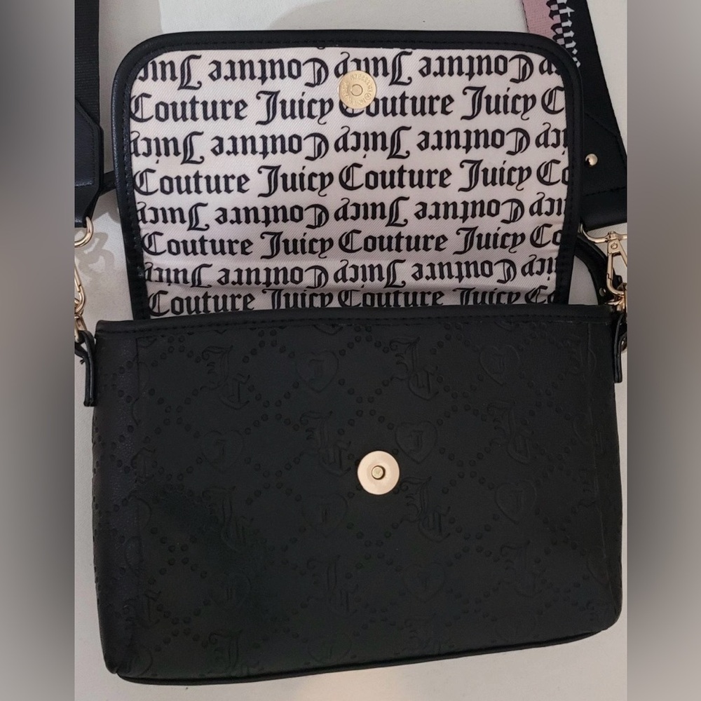 Juicy Couture Black Logo Embossed Crossbody Shoulder Bag Faux Leather - 2 Straps - Picture 15 of 16